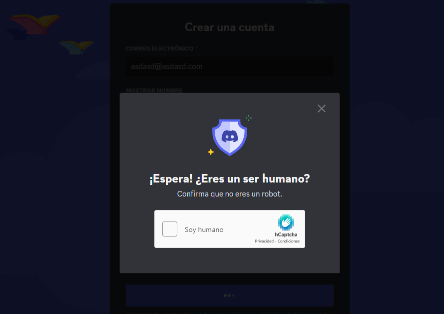 Captcha al crear una cuenta en Discord
